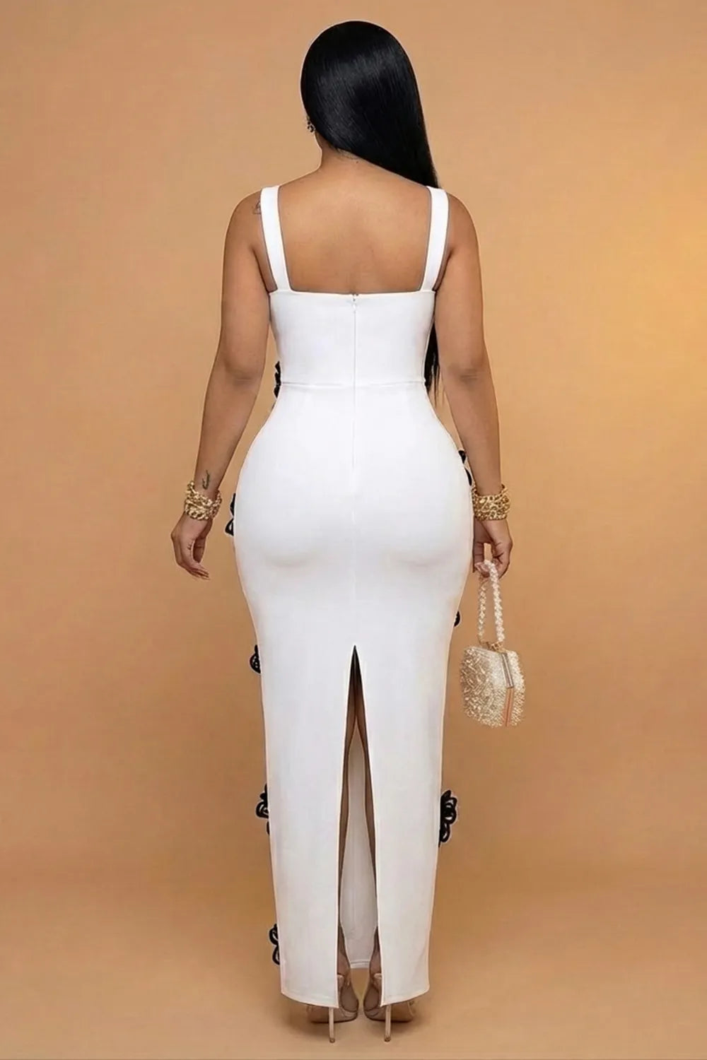 Square Neck Sleeveless 3D Flower Bodycon Gowns Maxi Dresses-White