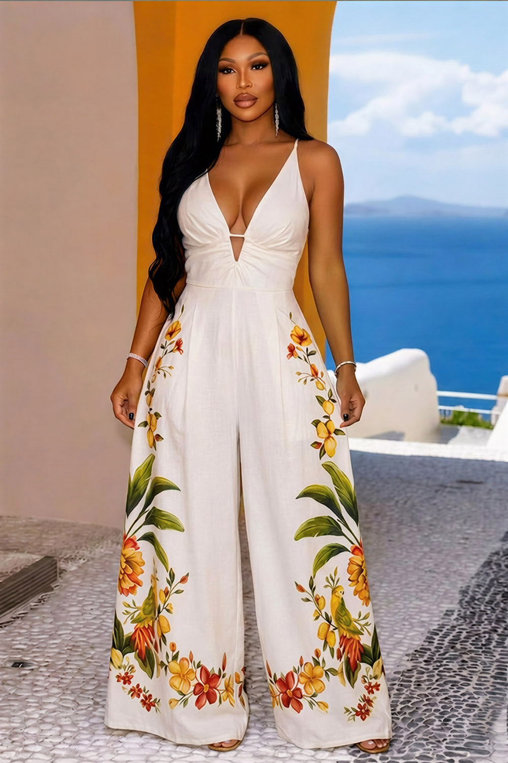Cami Neck Cinch Waist Floral Wide Leg Vacation Jumpsuit-Beige