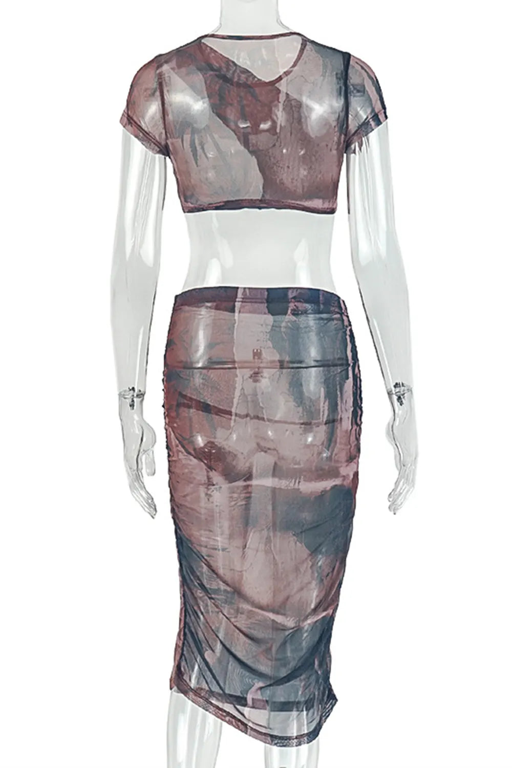 All Over Print Round Neck Short Sleeve Top Maxi Skirt Casual 2pcs Set-Brown