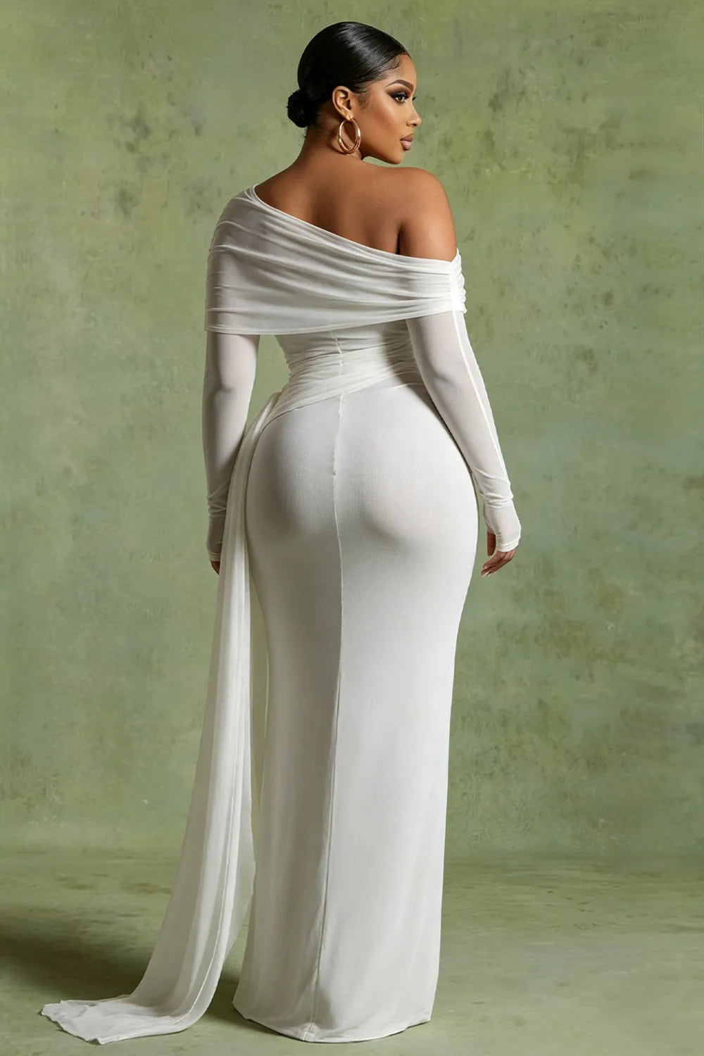 Off Shoulder Ruched Long Streamer Slim Wedding Maxi Dresses-White