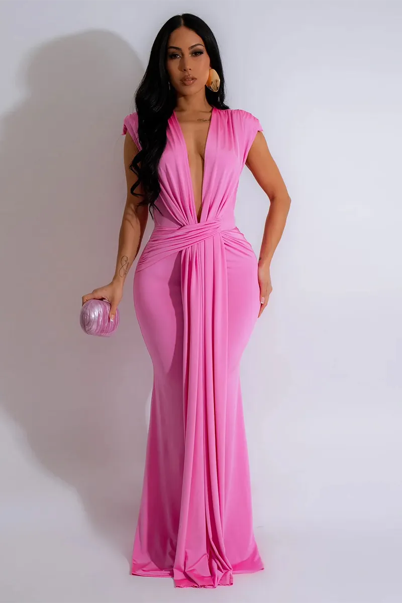 Deep V Neck Bodycon Streamer Decor Sleeveless Gowns Maxi Dresses-Pink