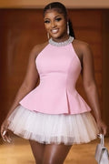 Pearl Decor Halter Sleeveless Top A-Line Tulle Mini Skirt Party 2pcs Set-Pink