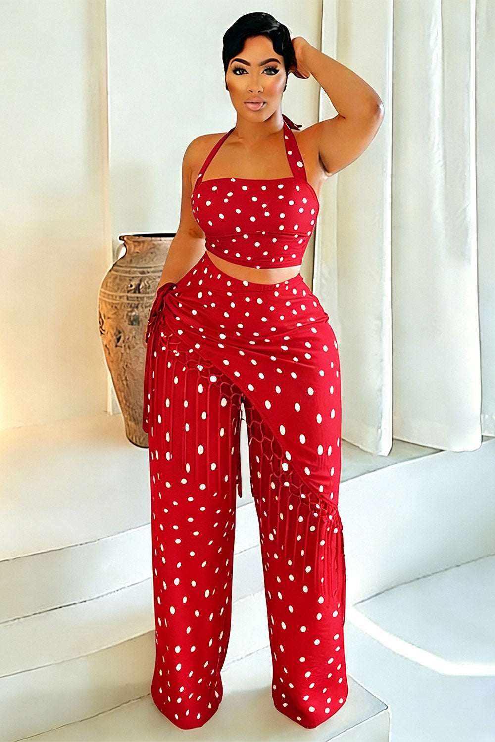 Polka Dot Halter Crop Top Pants Fringe Detachable Mini Skirt 3pcs Set-Yellow