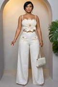 3D Flower Cami Neck Crop Top Wide Leg Pants Casual 2pcs Set-White