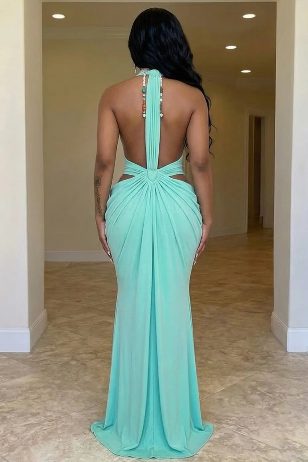 Halter Plunge Neck Cut Out Ruched Backless Bodycon Gowns Maxi Dresses-Blue