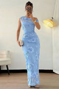 One Shoulder Floral Pattern Mesh Patchwork Slim Fit Gowns Maxi Dresses-Blue