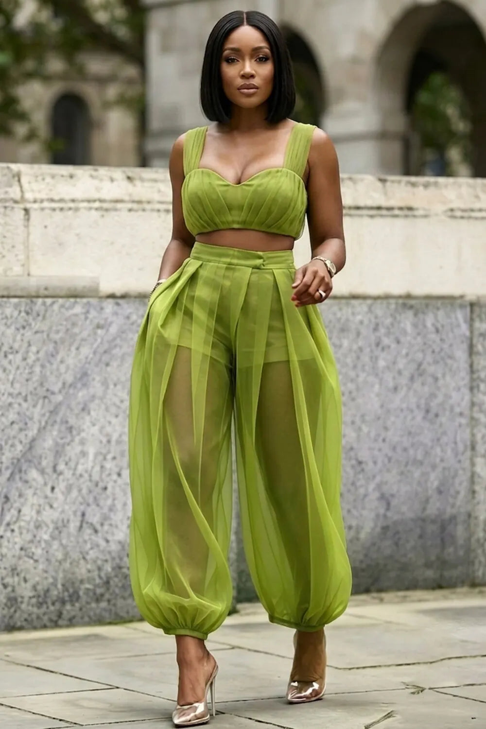 Wide Strap Crop Top High Waist Mesh Pants Casual 2pcs Set-Green