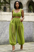 Wide Strap Crop Top High Waist Mesh Pants Casual 2pcs Set-Green