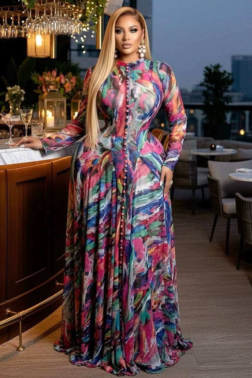 All Over Print Round Neck Long Sleeve Cinch Waist Maxi Dresses