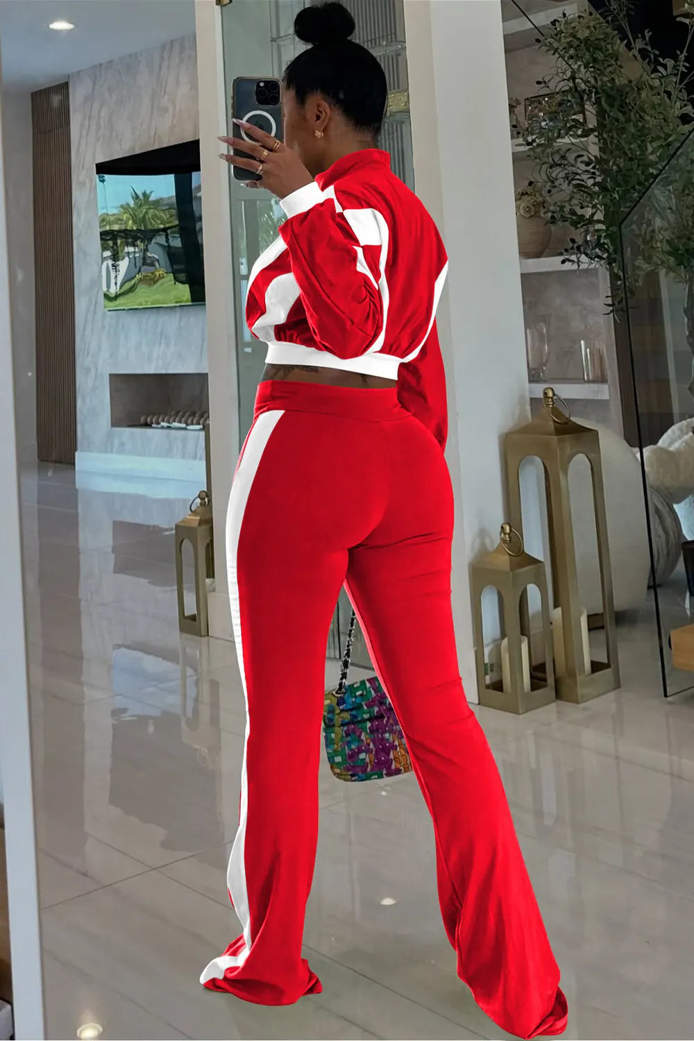 Stand-Up Collar Color Block Long Sleeve Top Flare Leg Pants 2pcs Set-Red