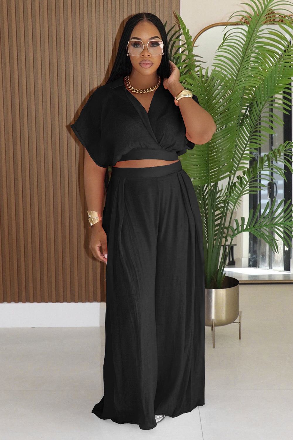 Loose Batwing Sleeve Crop Top High Waist Wide Leg Pants Casual 2pcs Set-White