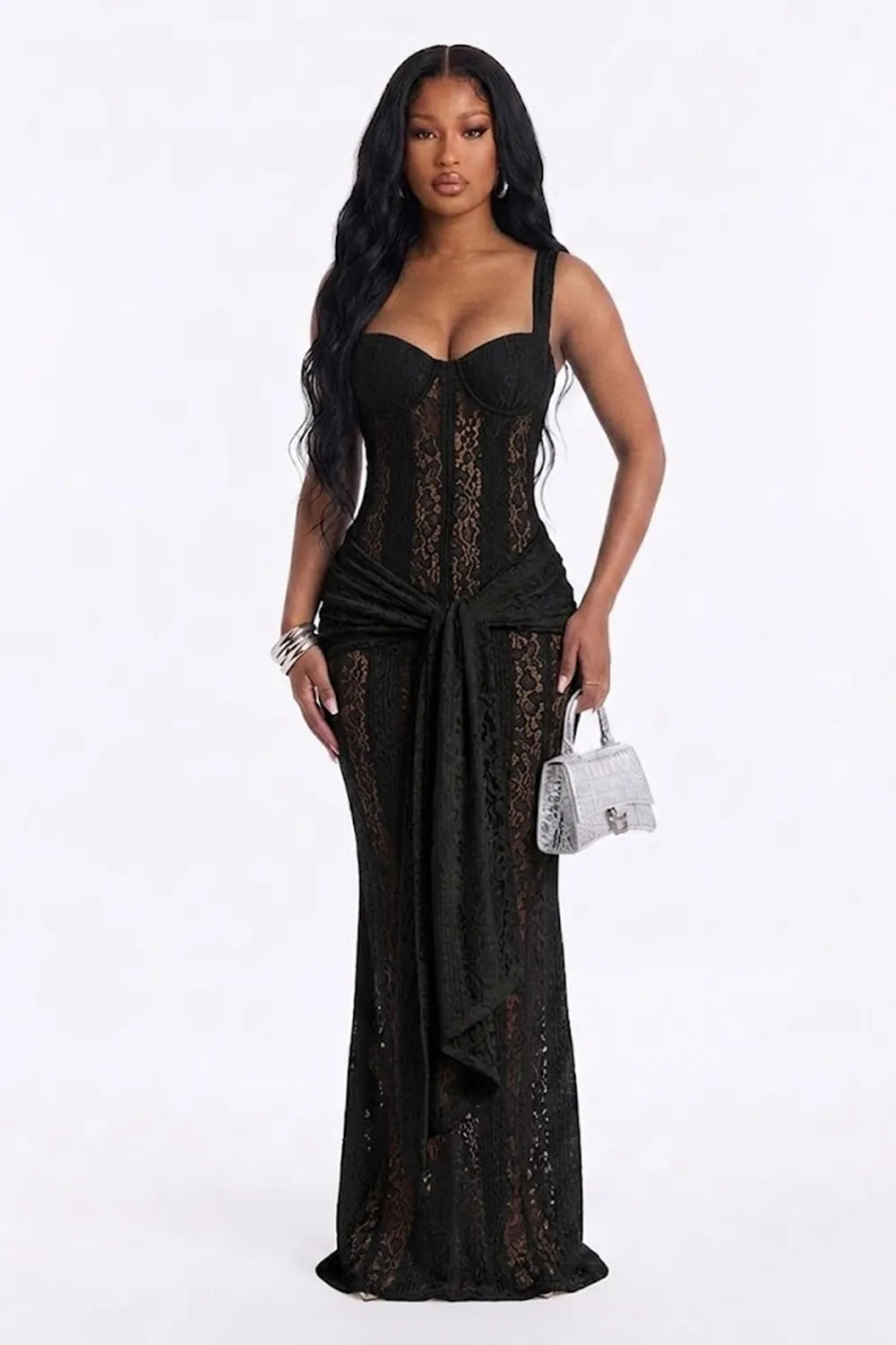 Square Neck Sleeveless Guipure Lace Sash Slim Fit Gowns Maxi Dresses-White