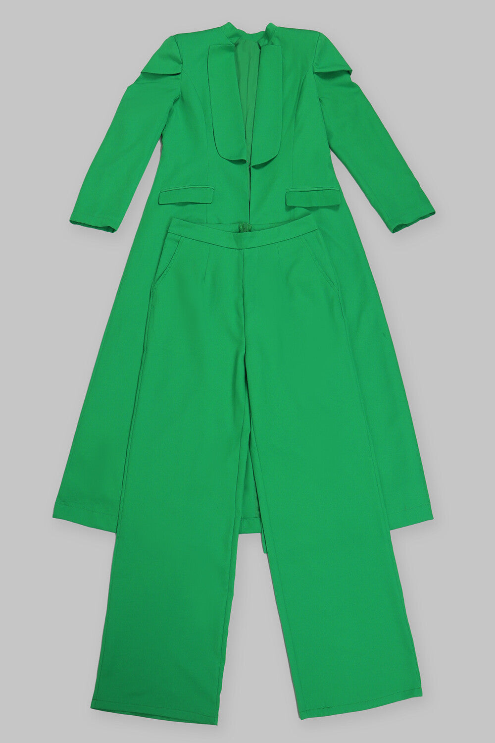 Collar Solid Color Long Blazer High Waist Pants 2pcs Set-Green