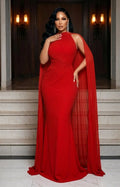 Mock Neck Cape Drape Cinch Waist Ruched Mermaid Maxi Dresses-Red
