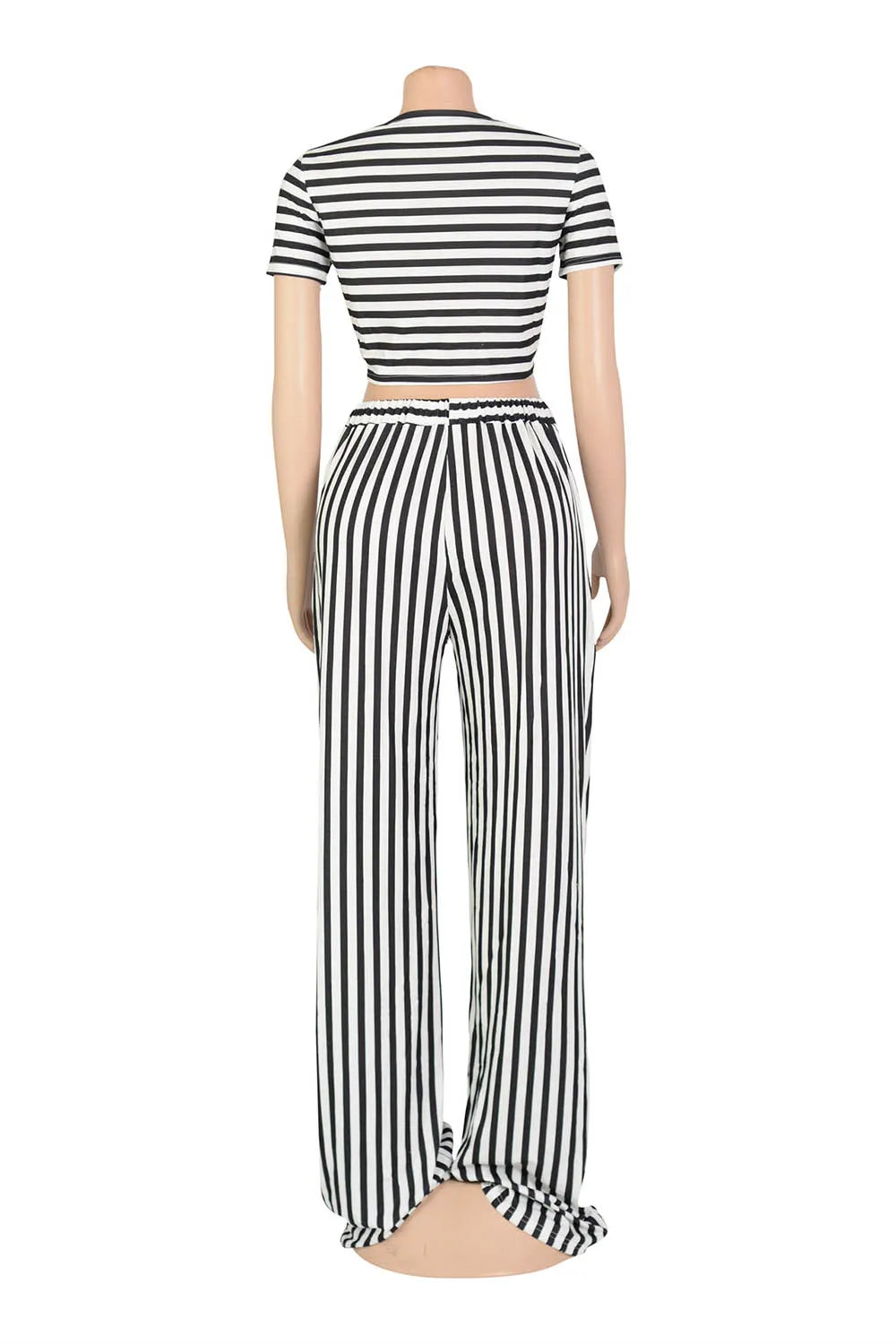 Striped Print V Neck Drawstring Crop Top Wide Leg Pants Casual 2pcs Set-Red