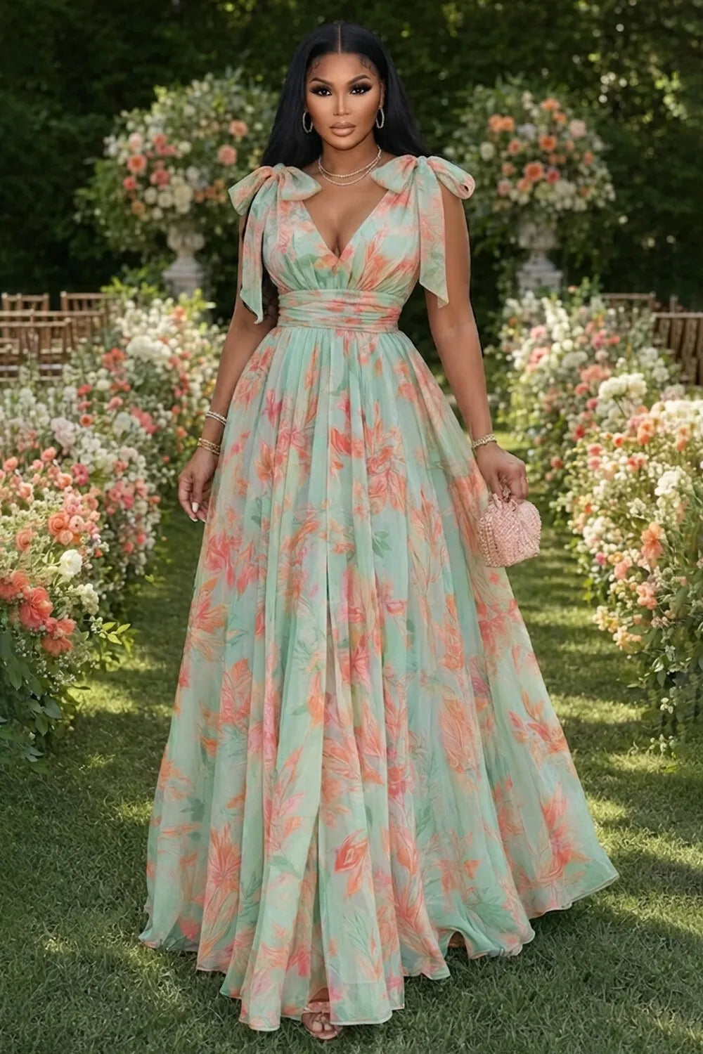 Bowknot Strap V Neck Floral Print Cinch Waist Maxi Dresses-Green