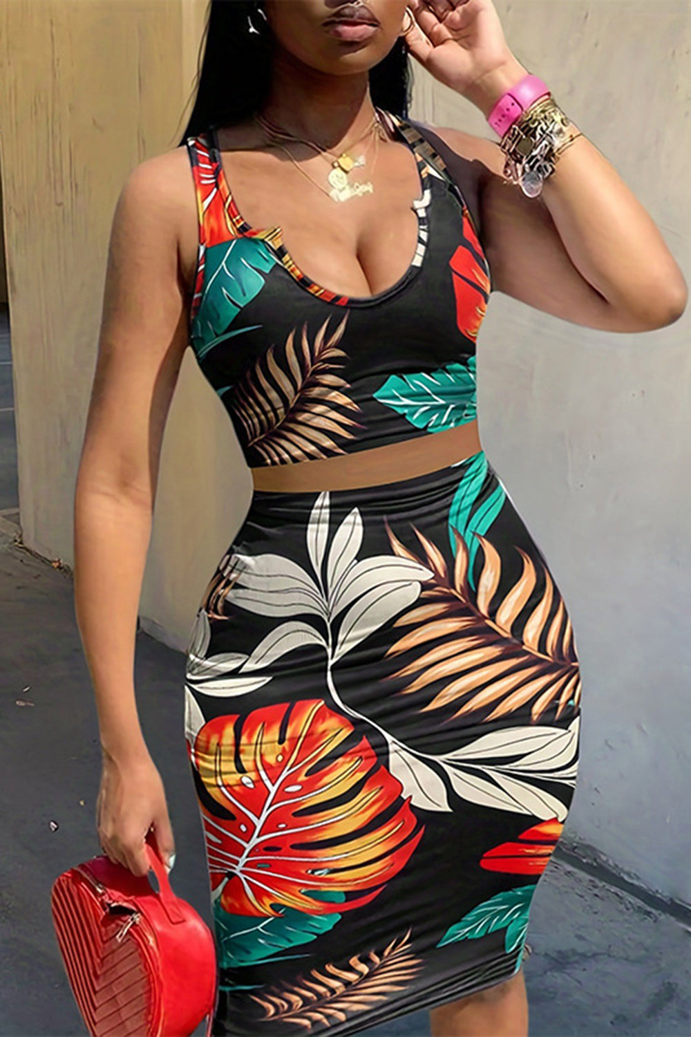 Leaf Print U Neck Crop Tank Top Skinny Mini Skirt Casual 2pcs Set