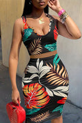 Leaf Print U Neck Crop Tank Top Skinny Mini Skirt Casual 2pcs Set