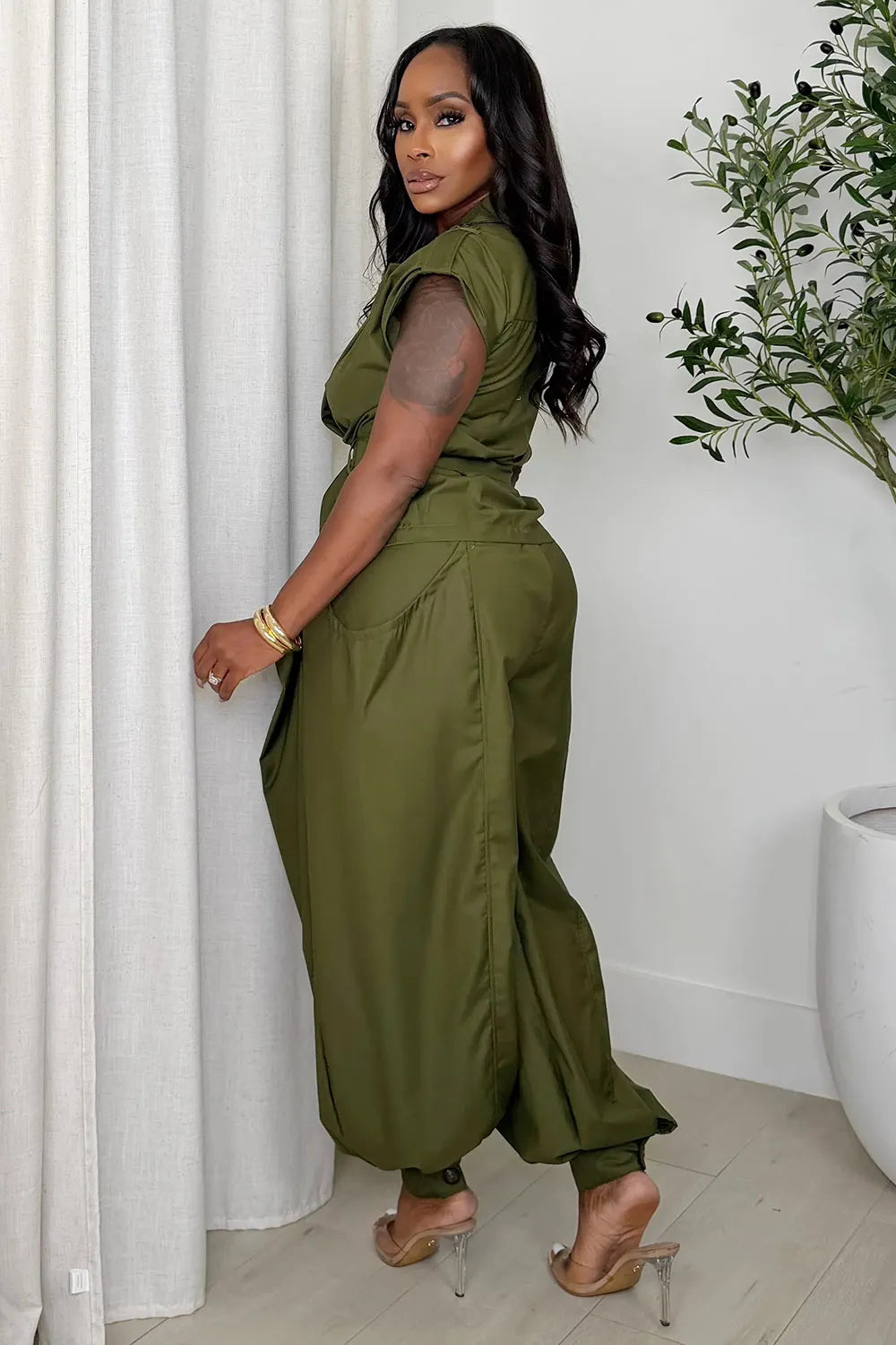 Round Neck Cap Sleeve Top Cuffed Pants Casual 2pcs Set-Green