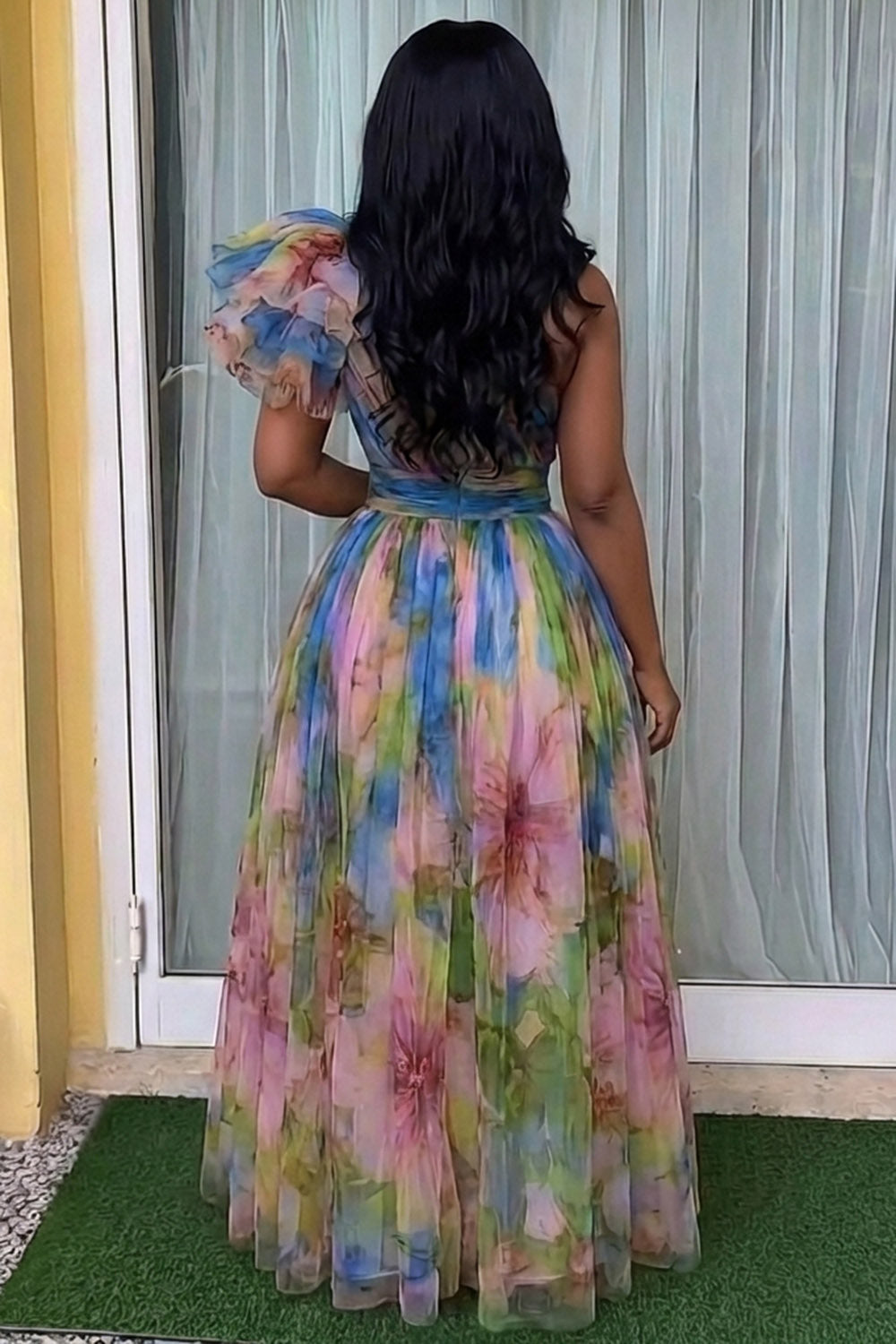 One Shoulder Cinch Waist Floral Gowns Maxi Dresses