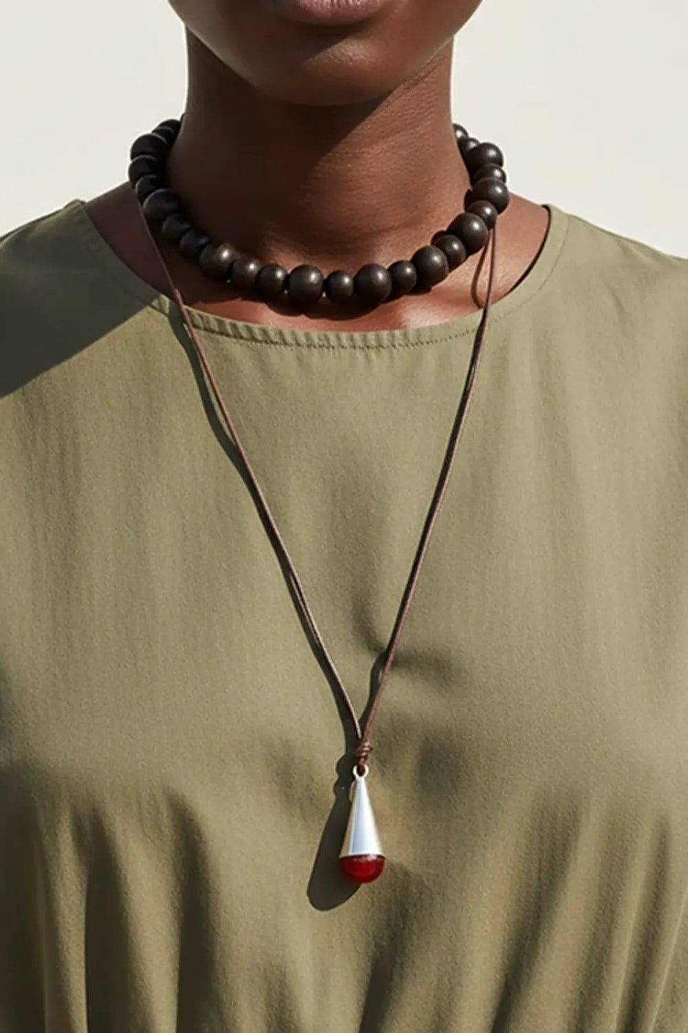 Round Wooden Bead Water Droplet Pendant Double Layer Necklace