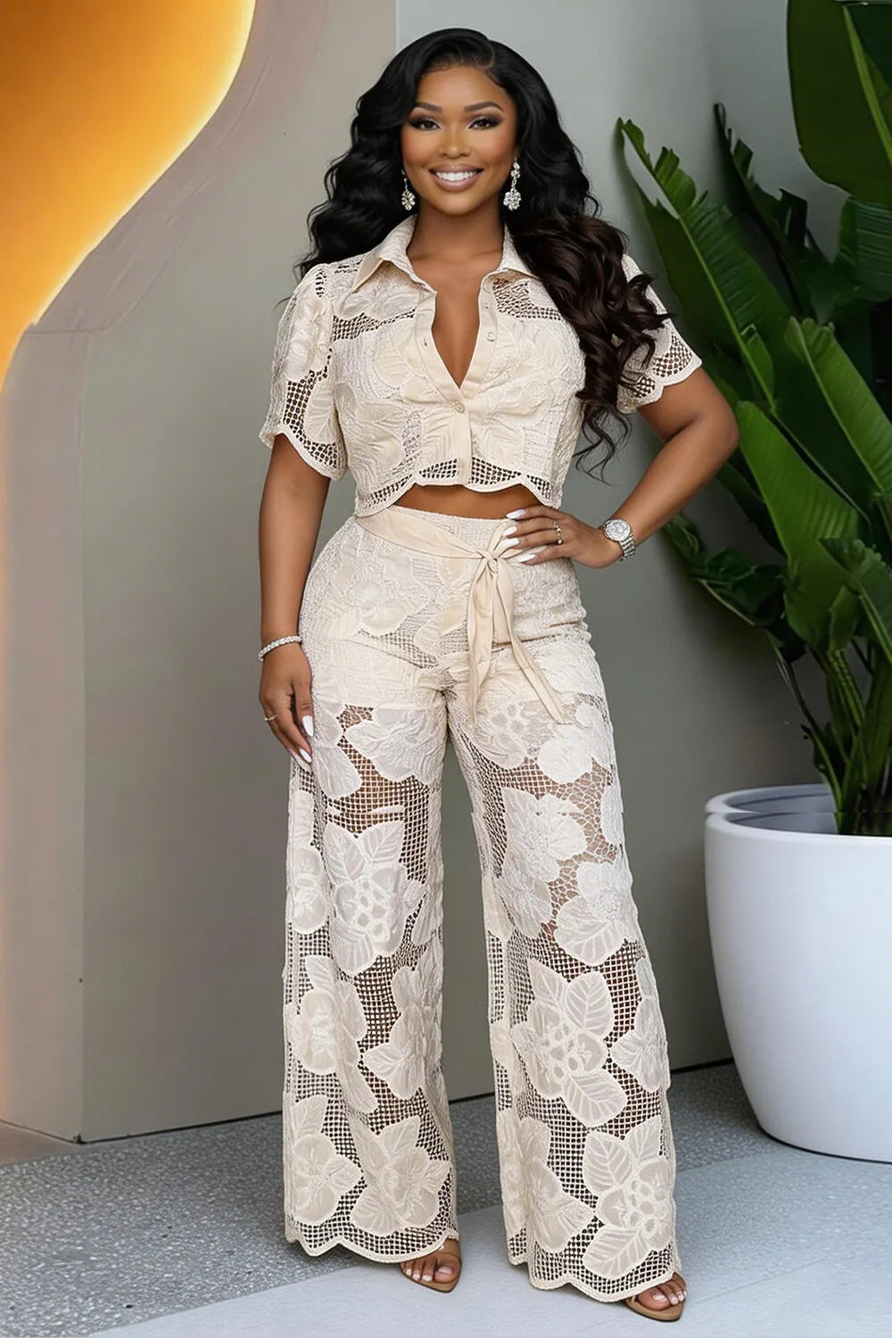 Collar Crop Top Wide Leg Pants Casual 2pcs Set-Beige