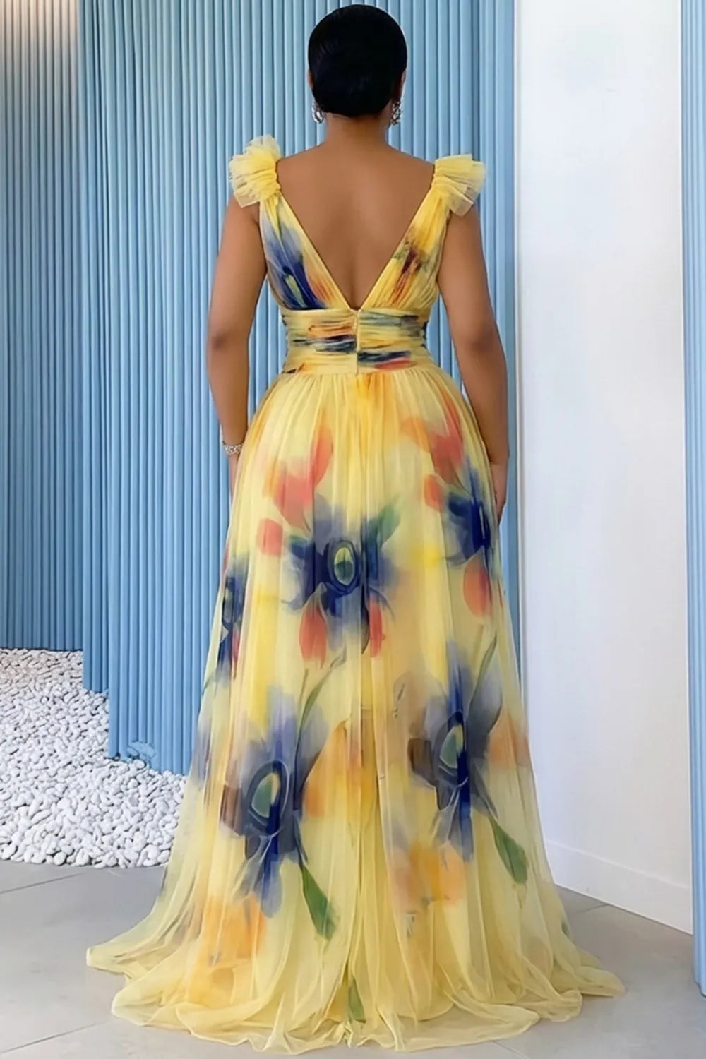 Deep V Neck Floral High Slit Mesh Vacation Maxi Dresses-Yellow