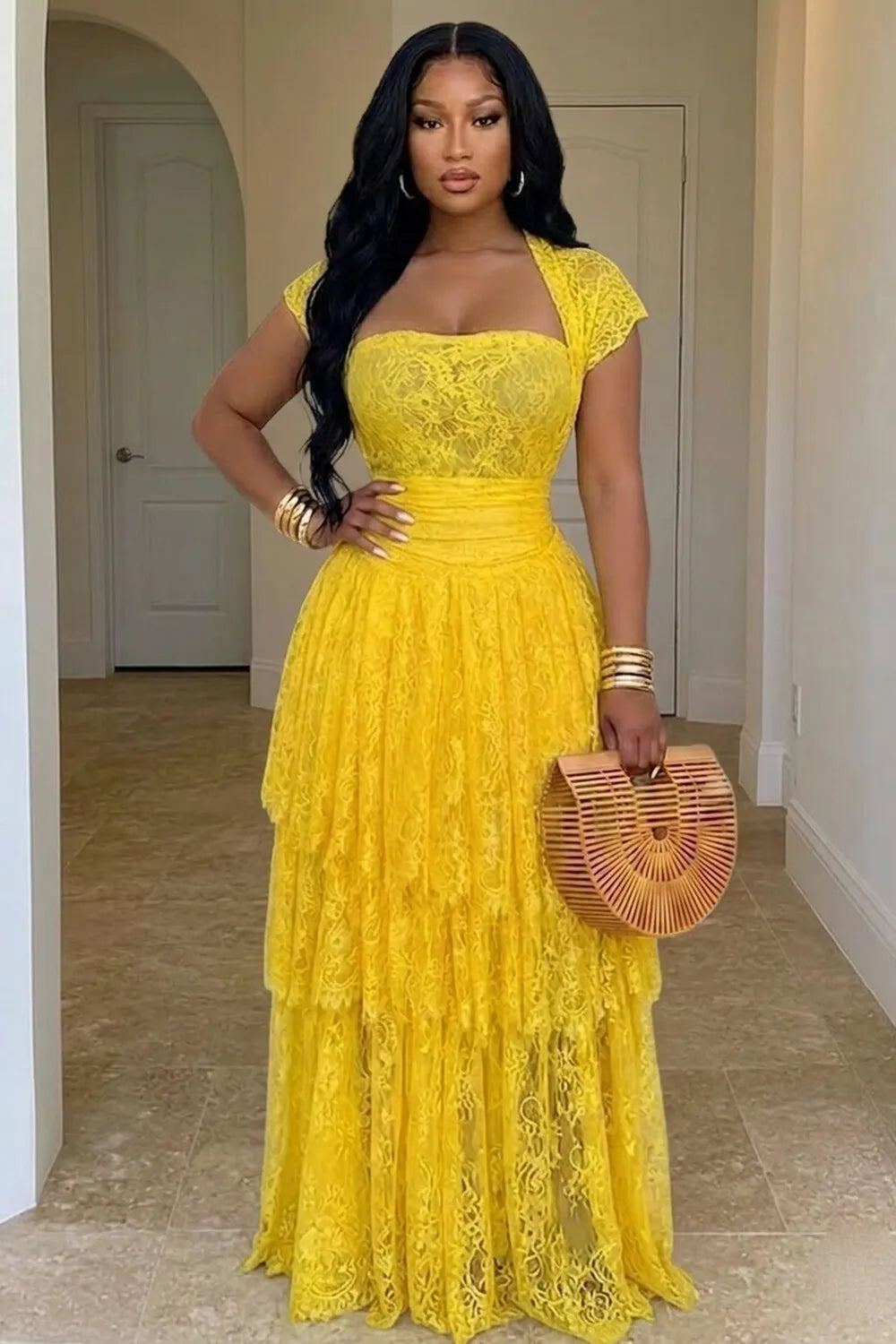 Sheer Lace Cap Sleeve Ruffle Tiered Vacation Maxi Dresses-Yellow