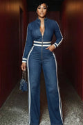 Zip-Up High Neck Stripe Long Sleeve Wide Leg Sets-Blue