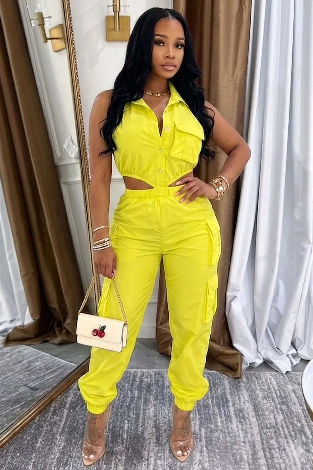 Sleeveless Button Waist Cut Out Cargo Casual Jumpsuit-Yellow