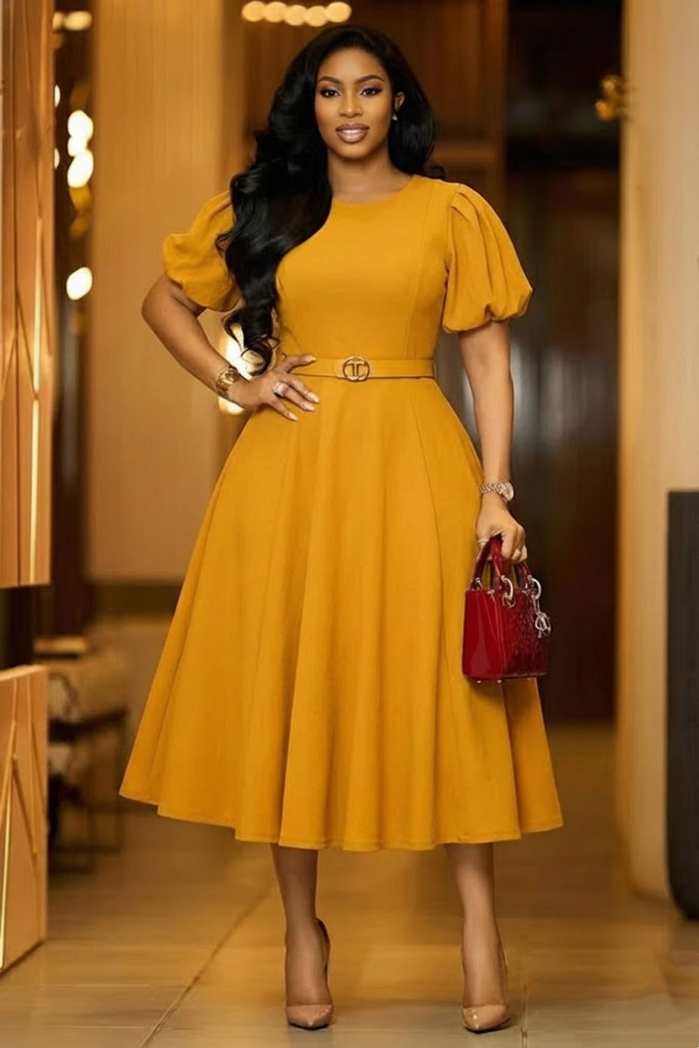 Round Neck Puff Short Sleeve Solid Color A-Line Gowns Midi Dresses-Apricot