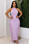 Halter Sleeveless Fringe Trim Solid Color Bodycon Casual Maxi Dresses-Purple