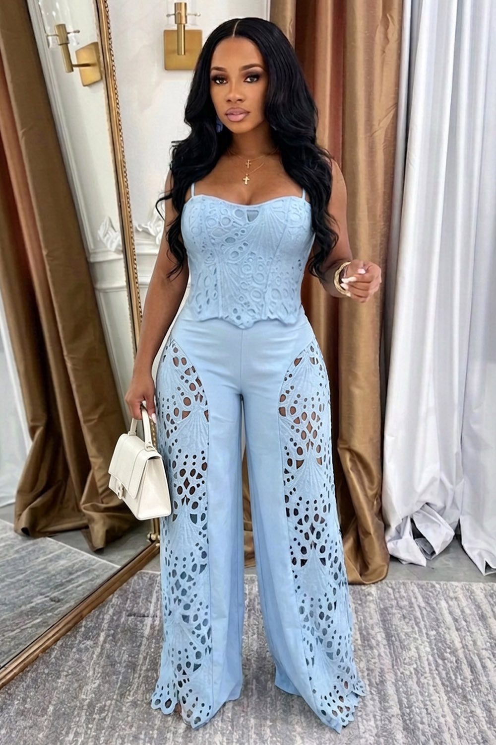 Lace Cami Neck Top Hollow Wide Leg Pants Casual 2pcs Set-Blue