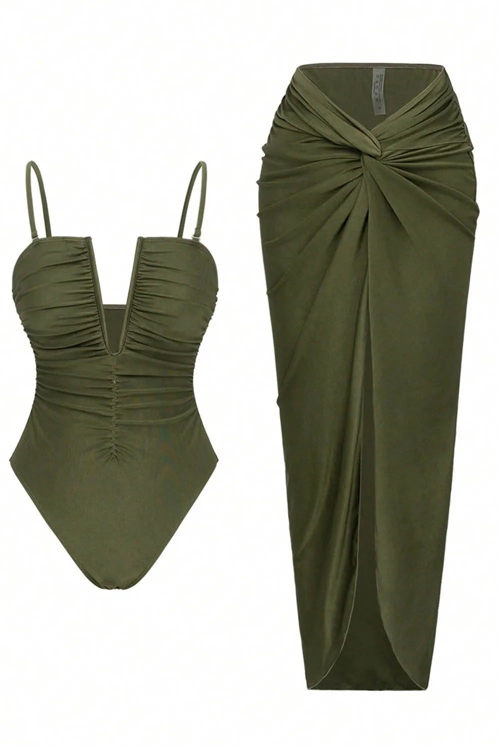 Cami V Cut One-Piece Swimsuit Twisted Slit Maxi Skirt Two Piece Set-Green