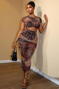 All Over Print Round Neck Short Sleeve Top Maxi Skirt Casual 2pcs Set-Brown