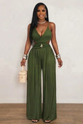 Deep V Neck Metal Decor Cut Out Semi-Sheer Vacation Loose Fit Jumpsuit-Green