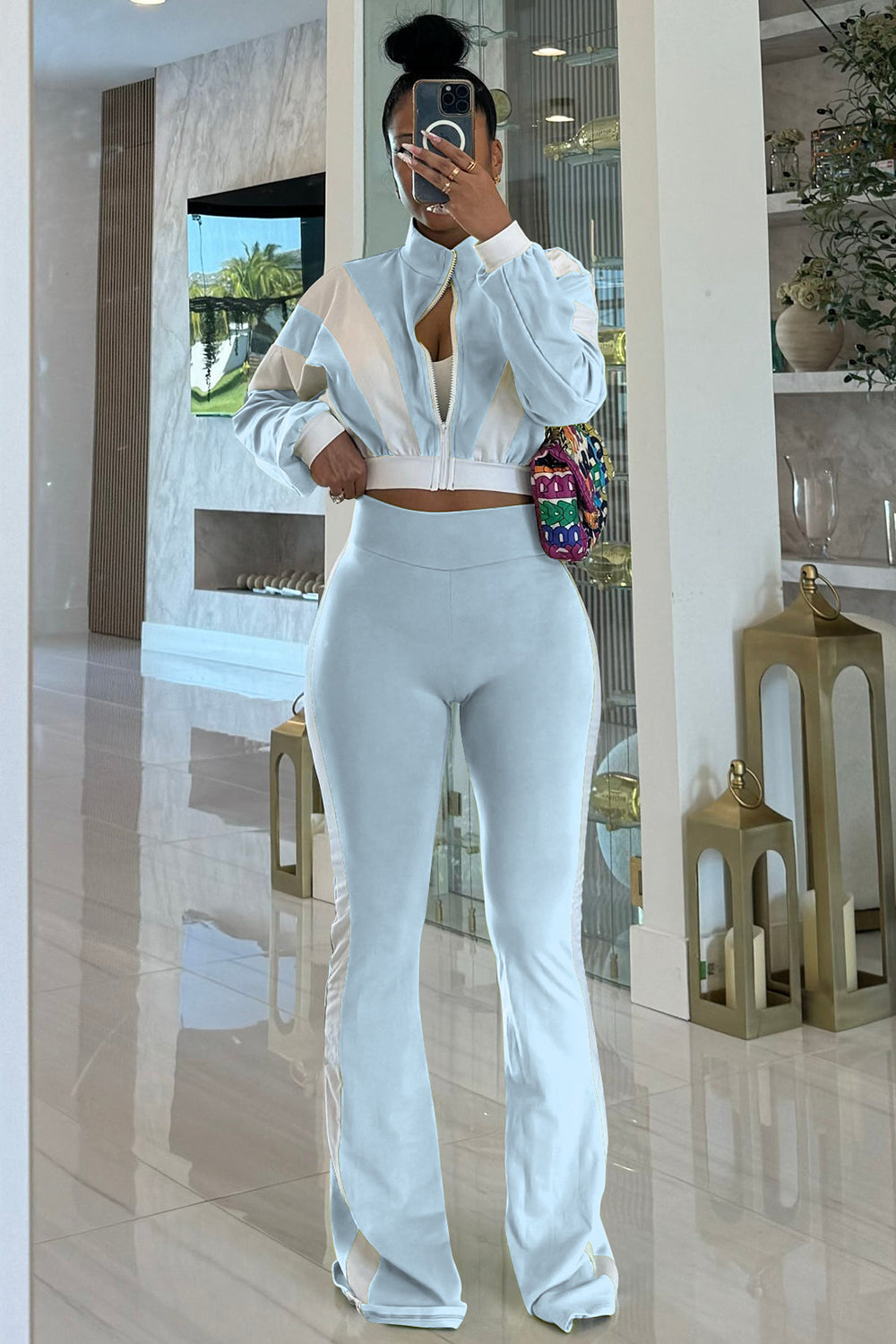 Stand-Up Collar Color Block Long Sleeve Top Flare Leg Pants 2pcs Set-Red