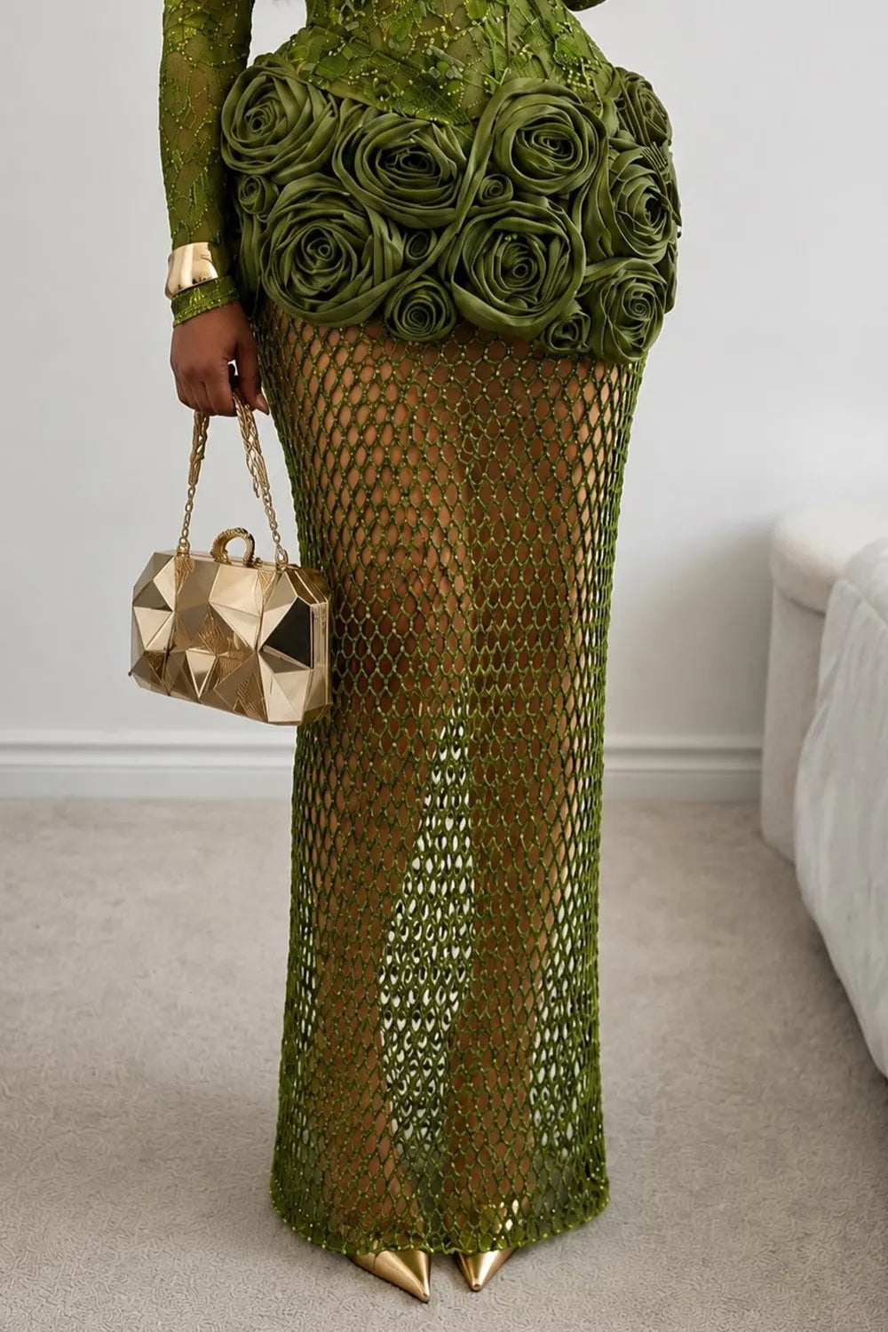 Shoulder Pad 3D Floral Patchwork Fishnet Mesh Maxi Dresses-Green