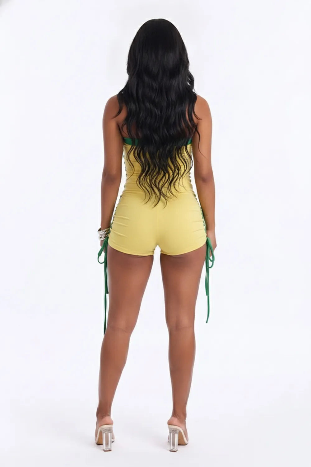 Strapless Contrast Piping Ruched Bodycon Casual Romper Playsuit-Yellow