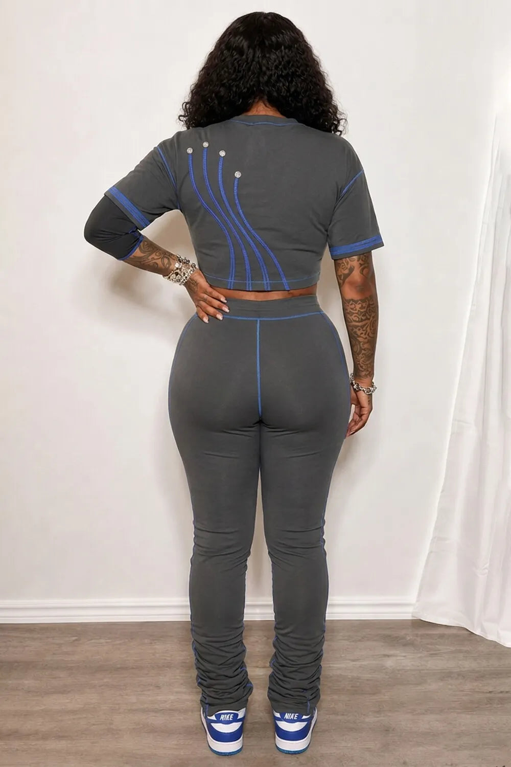 Contrast Piping Long Sleeve Top Skinny Pants Casual 2pcs Set-Gray