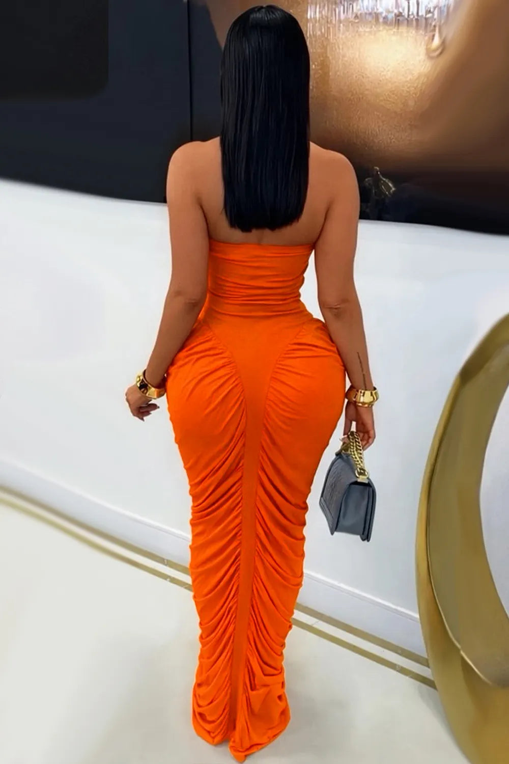 Strapless Solid Color Ruched Bodycon Evening Gowns Maxi Dresses-Gray