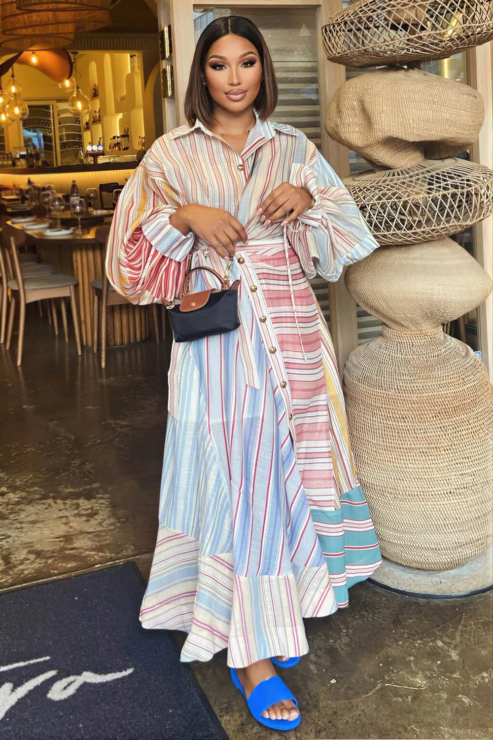 Colorblock Striped Turndown Collar Casual Maxi Dresses-Multicolor