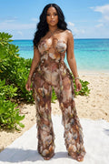 Halter Cut Out Ruffle Trim Floral Print Vacation Jumpsuit-Brown