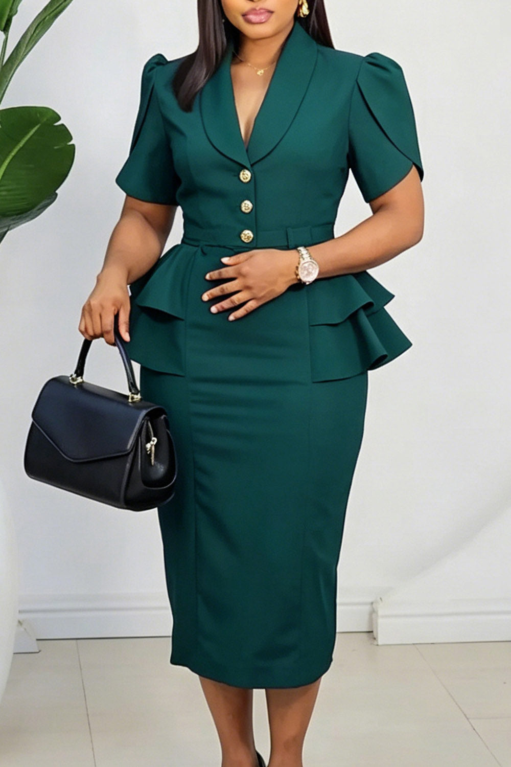 Shawl Lapel Puff Sleeve Ruffle Solid Color Bodycon Formal Midi Dresses-Pink