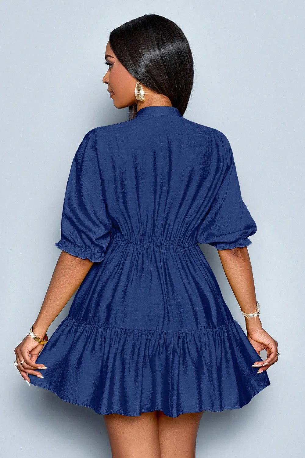 Solid Color Deep V Neck Puff Half Sleeve Tiered Party Mini Dresses-Blue
