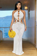 Halter Backless Hollow Out Knit Vacation Maxi Dresses-White