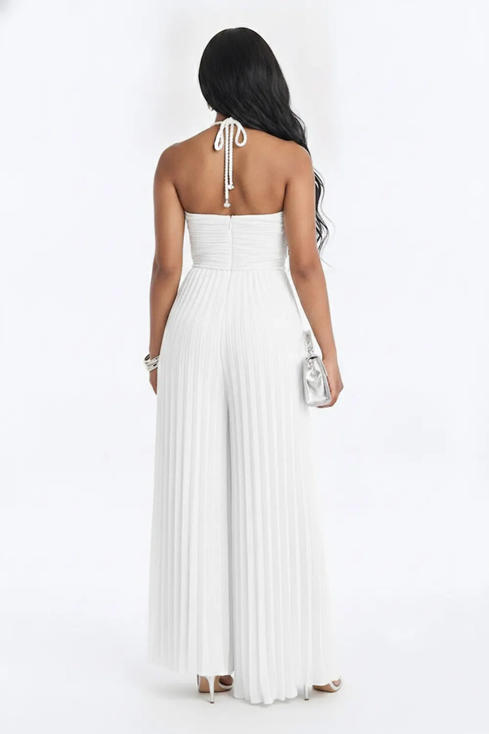 Plain Braided Rope Halter Neck Wide Leg Pleated Vacation Jumpsuit-Yellow
