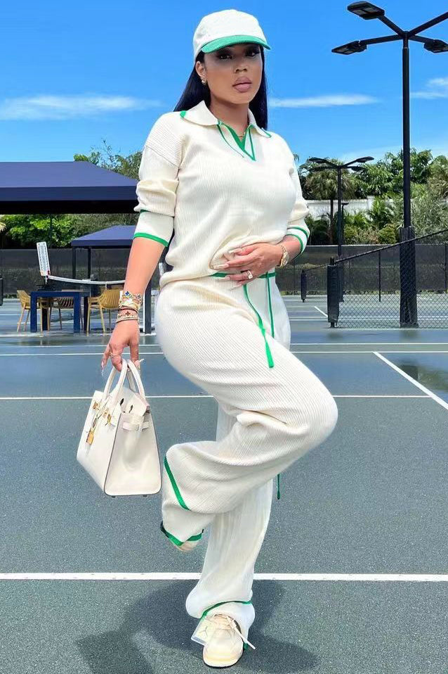 Knit  Collar Long Sleeve Top Straight Leg Casual Pants Matching Set