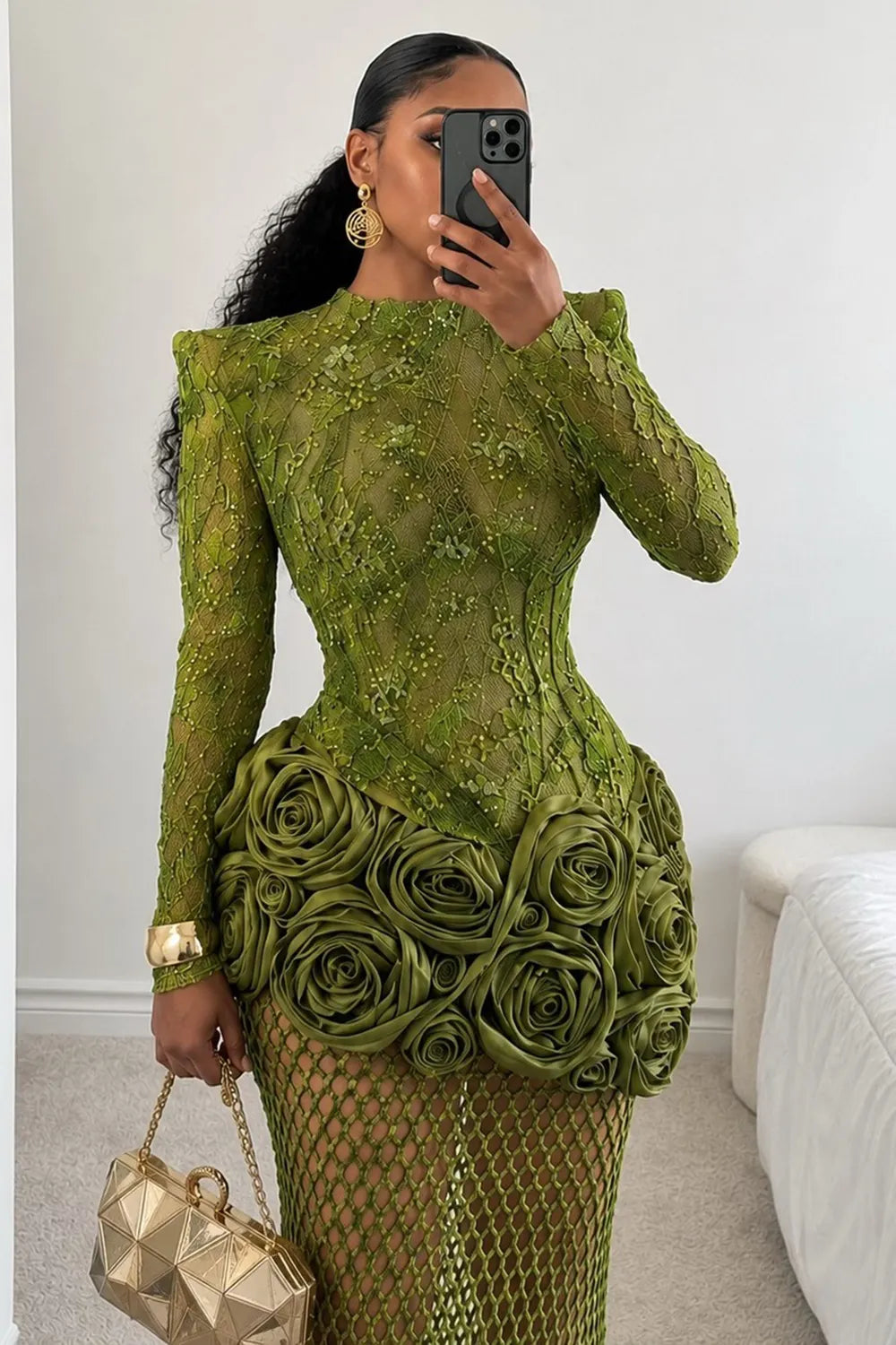Shoulder Pad 3D Floral Patchwork Fishnet Mesh Maxi Dresses-Green
