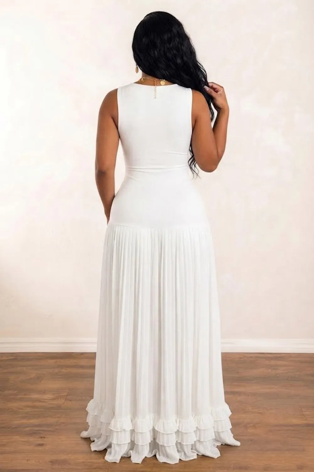 Wide Straps Square Neck Pleated Ruffle Hem Vacation Maxi Dresses-White